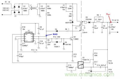 移動(dòng)設(shè)備充電器所使用的一個(gè)5V/5W非連續(xù)反向電源的原理圖