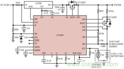 LTC4000 和 LTC3789：6V 至 36VIN、4 節(jié) 5A 鋰離子電池充電器