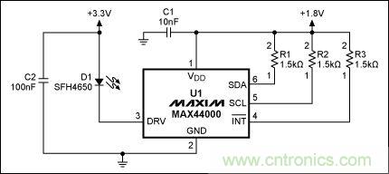 圖2：MAX44000典型電路，帶有發(fā)射器旁路
