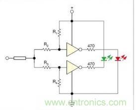 在雙門構(gòu)成的CMOS/TTL兼容探頭中，R1至R4電阻網(wǎng)絡(luò)對(duì)反相器輸入端做偏置