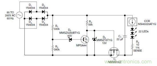 圖1：電路以恒流驅(qū)動一串LED，可用于全世界的各種交流電壓