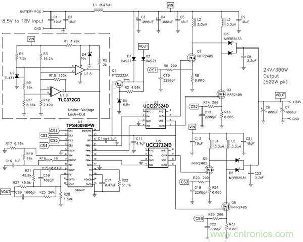 TPS40090 多相降壓控制器的 4 相、300W 升壓電源