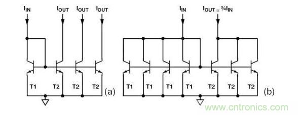 （a） 多級(jí)電流鏡 （b） 非整數(shù)比例電流鏡可將3個(gè)T2集電極結(jié)合起來，得到3IIN