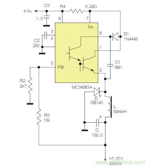 采用降壓配置中廣為使用的MC33063/MC34063的一個示例。