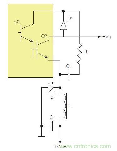 為了實現(xiàn)用兩個元器件提升電源轉換效率，芯片上應有針對驅動器晶體管Q1集電極的單獨引腳。