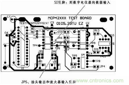 這是對圖2所示電路的第一次布線嘗試。此配置在模擬線路上產生不規(guī)律的噪聲，這是因為在特定數(shù)字走線上的數(shù)據(jù)輸入碼隨著數(shù)字電位器的編程需求而改變。