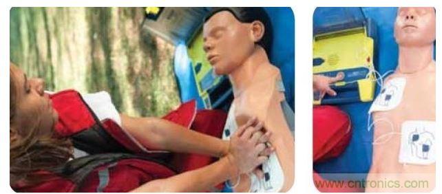 胸部按壓CPR(左圖)迫使血液循環(huán)，為大腦及其它生命器官供血，直到AED重啟心臟(右圖)。