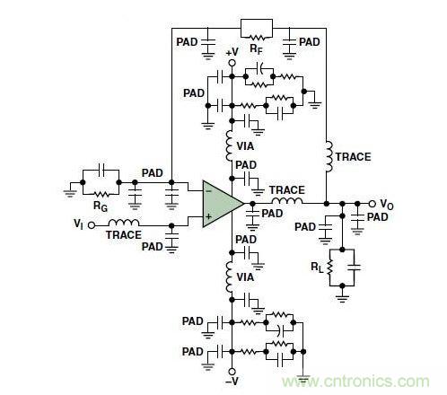 典型的運(yùn)算放大器電路，(a)原設(shè)計(jì)圖，(b)考慮寄生效應(yīng)后的圖