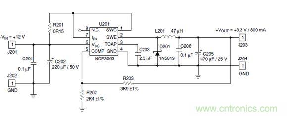Buck電路應(yīng)用實(shí)例-輸入9～12V，輸出3.3V 800mA電路
