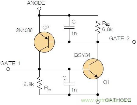 圖2：增加兩個(gè)電容值為1nF的SMD陶瓷電容器后，可以在ΔV達(dá)到10V的情況下防止導(dǎo)通。