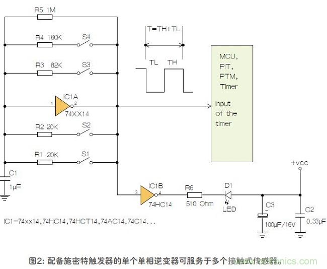 如何用單個(gè)施密特觸發(fā)器測(cè)量?jī)蓚€(gè)電阻式傳感器或多個(gè)開關(guān)？