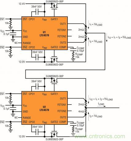 針對三個或四個電源的簡易平衡負(fù)載均分，即使電源電壓不等也絲毫不受影響