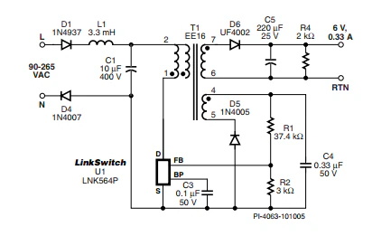 LinkSwitch-LP 系列旨在取代手機(jī)/無繩電話、PDA、數(shù)碼相機(jī)和便攜式音頻播放器等應(yīng)用中輸出功率 < 2.5 W 的低效線頻線性變壓器電源。LinkSwitch-LP 還可用作白色家電等應(yīng)用中的輔助電源。  LinkSwitch-LP 將高壓功率 MOSFET 開關(guān)與 ON/OFF 控制器集成在一個(gè)設(shè)備中。它完全由漏極引腳自供電，具有低 EMI 的抖動(dòng)開關(guān)頻率，并且具有全面的故障保護(hù)。自動(dòng)重啟可限制過載和輸出短路條件下的器件和電路耗散，而遲滯過溫保護(hù)會(huì)在熱故障期間禁用內(nèi)部 MOSFET。EcoSmart 技術(shù)使設(shè)計(jì)能夠輕松實(shí)現(xiàn) < 150 mW 的空載功耗，滿足能源效率要求。  LinkSwitch-LP 的設(shè)計(jì)目的是在輸出功率低于 2.5 W 時(shí)無需初級(jí)側(cè)鉗位電路，從而顯著減少組件數(shù)量和總系統(tǒng)成本。圖 1 顯示了基于 LinkSwitch-LP 的 2 W 電源，不帶初級(jí)側(cè)鉗位。LinkSwitch-LP 系列經(jīng)過優(yōu)化，當(dāng)變壓器上的輔助或偏置繞組提供反饋時(shí)，可提供近似的 CV/CC 輸出特性。這非常適合取代工頻變壓器的應(yīng)用，提供兼容的輸出特性，但過載、短路電流和輸入線電壓變化較小。  　  在無鉗位設(shè)計(jì)中使用 LinkSwitch-LP 的基本電路原理圖。  快速開始  　 LinkSwitch-LP 反激式設(shè)計(jì)流程圖